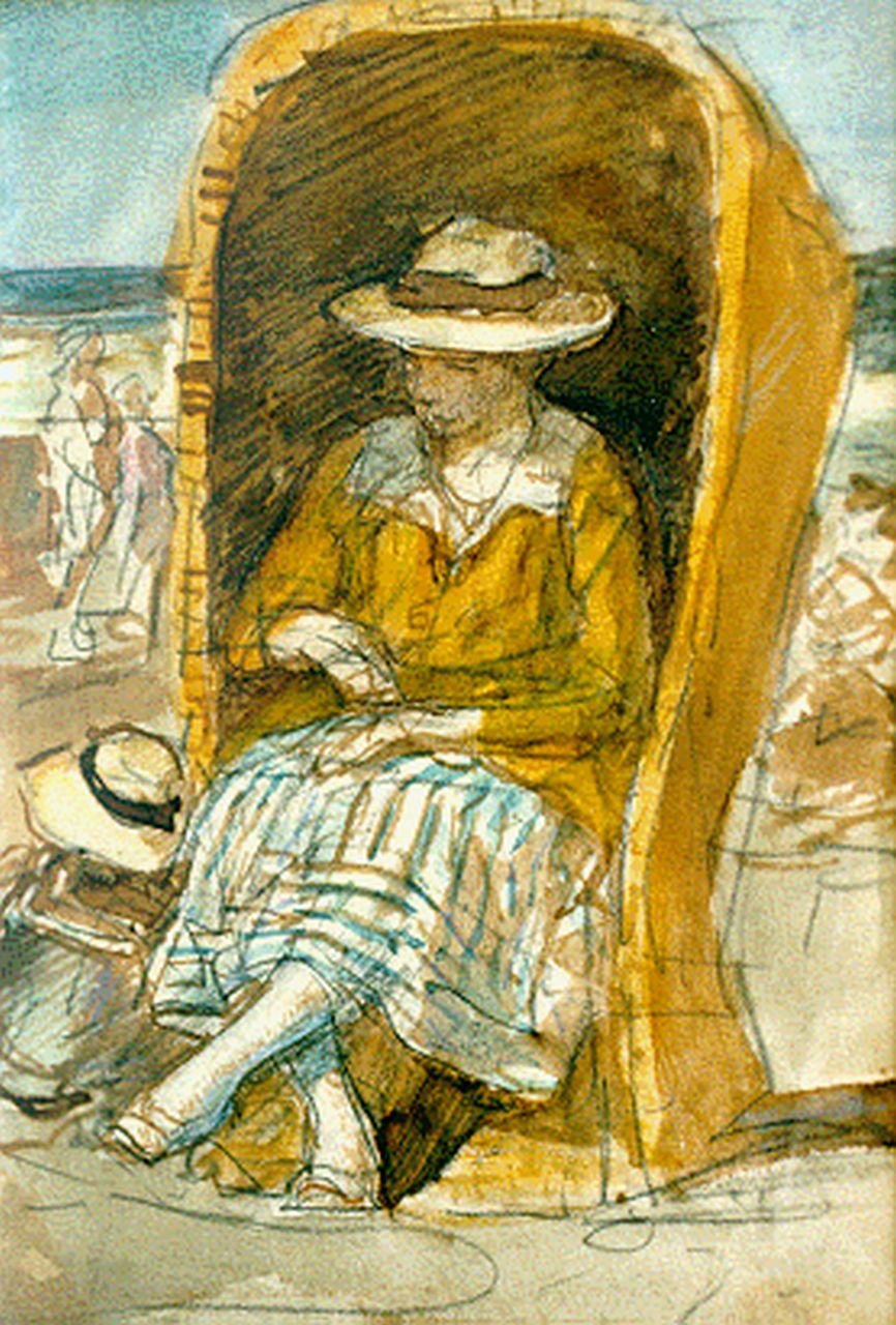 Jonge J.A. de | Johan Antoni de Jonge, Elegant lady on the beach, mixed media on paper 17.8 x 12.0 cm