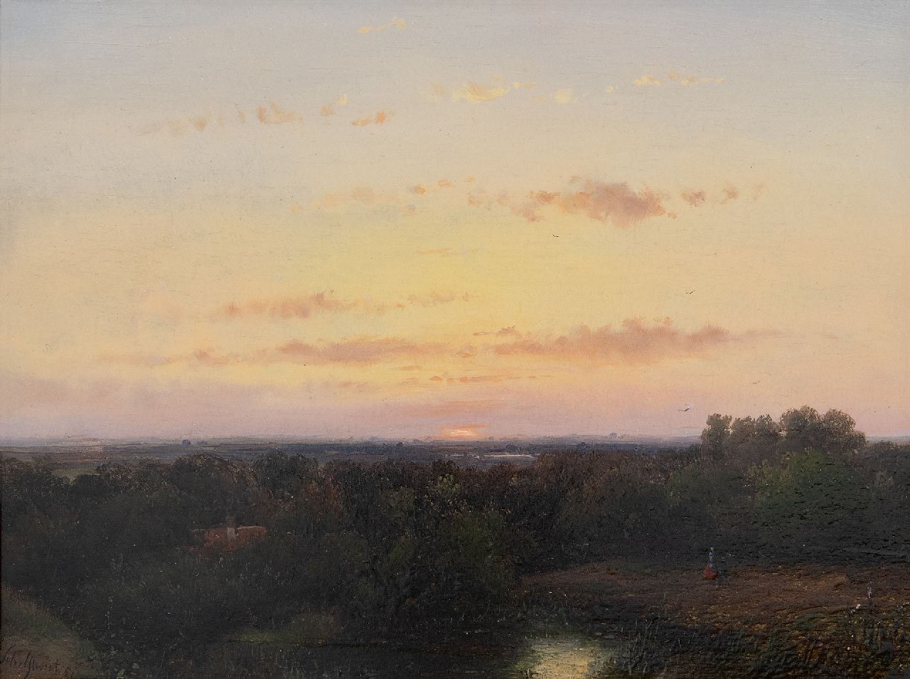 Schelfhout A.  | Andreas Schelfhout | Paintings offered for sale | Panoramic landscape at sunset, oil on panel 21.8 x 29.1 cm, signed l.l. and dated '51