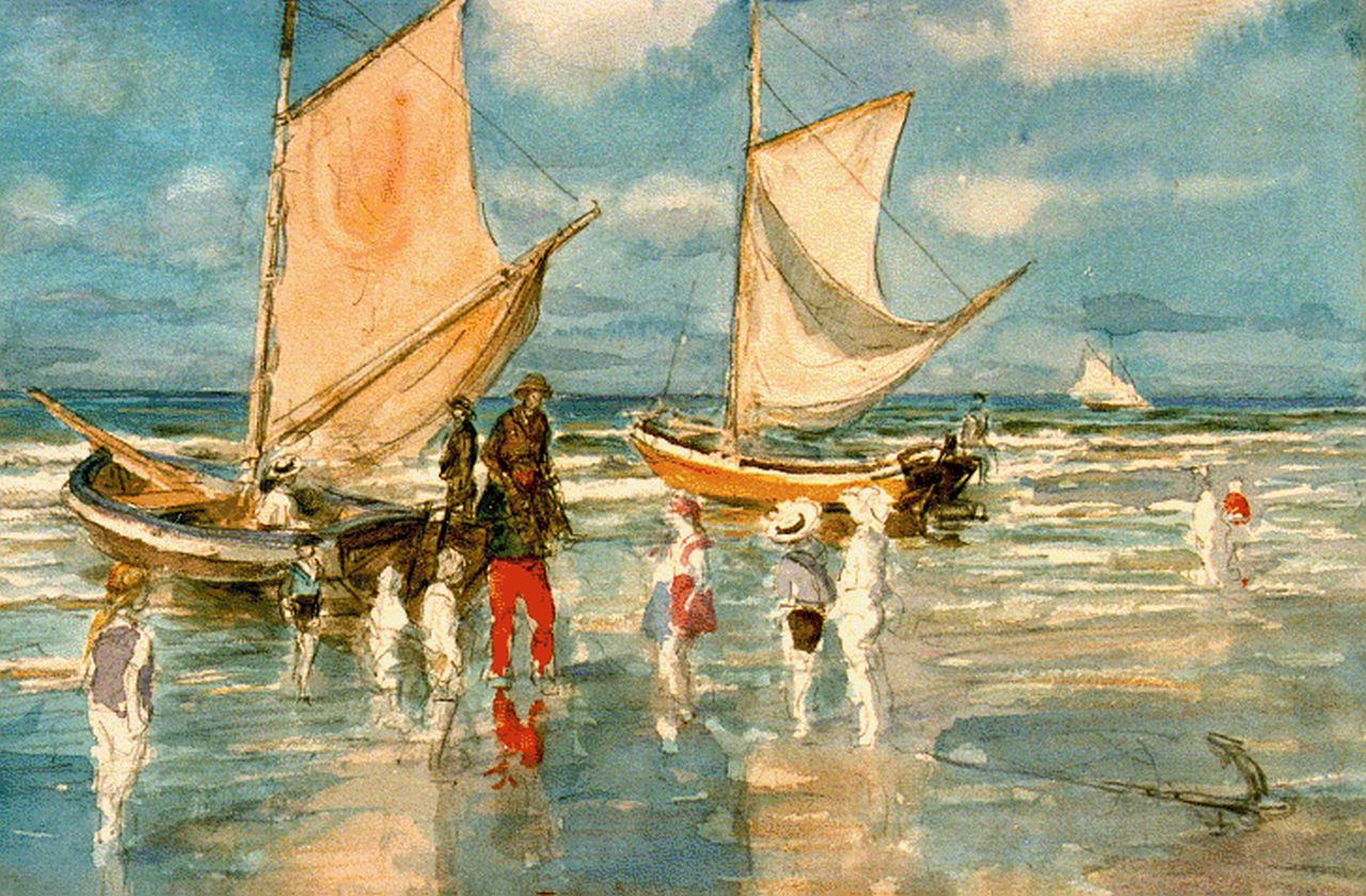 Jonge J.A. de | Johan Antoni de Jonge, Children in the surf, mixed media on paper 25.0 x 34.5 cm, signed l.r. with monogram