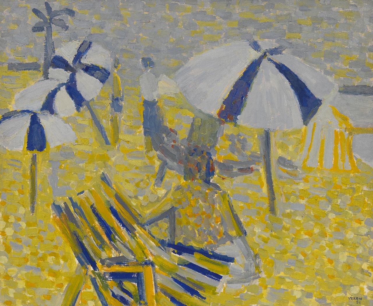 Véron V.  | Véronique Véron | Paintings offered for sale | Beach umbrellas, oil on canvas 54.0 x 65.0 cm, signed l.r. and dated '51