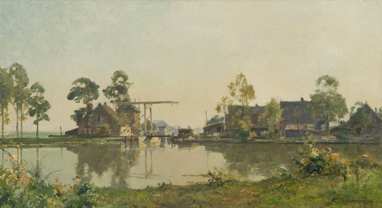 Vreedenburgh C.  | Cornelis Vreedenburgh, Farm on a canal with drawbridge, oil on canvas 51.0 x 90.5 cm, signed l.r.