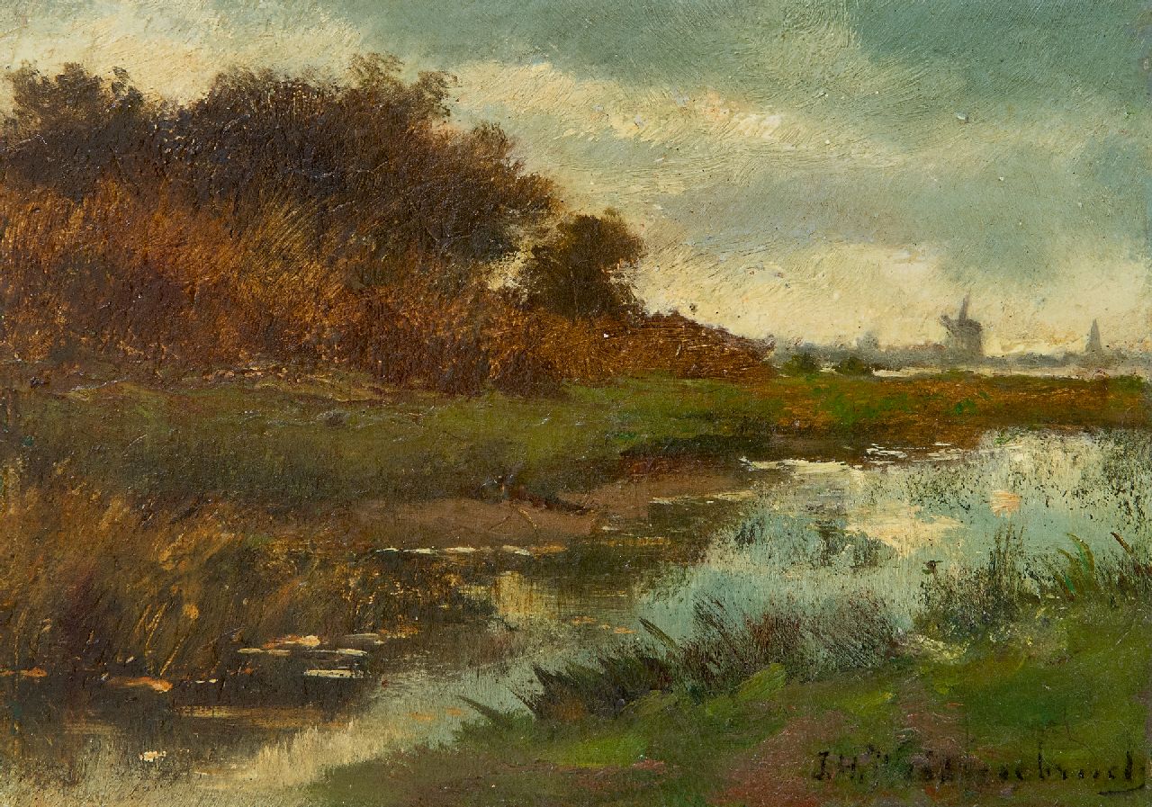 Weissenbruch H.J.  | Hendrik Johannes 'J.H.' Weissenbruch, Polder landscape, oil on panel 9.6 x 13.7 cm, signed l.r.