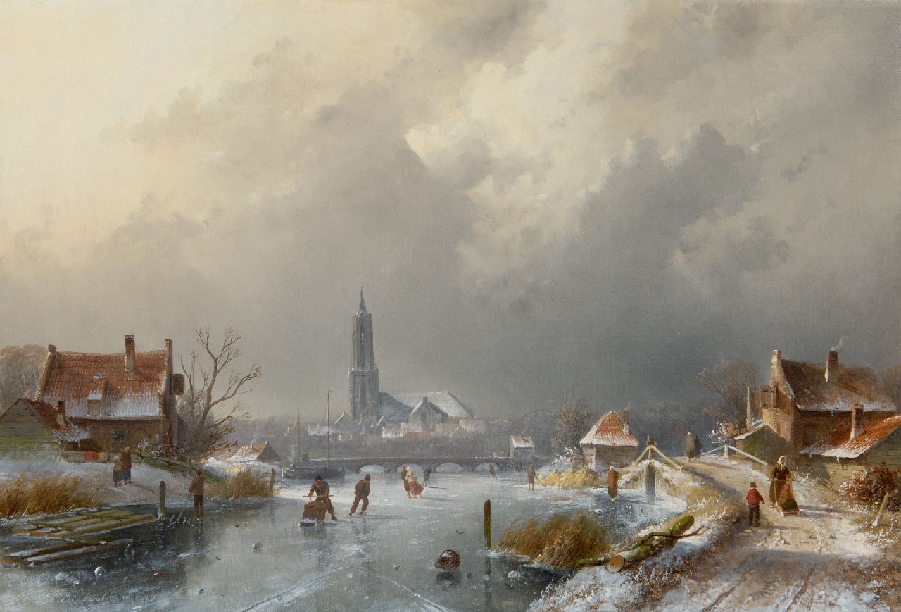 Leickert C.H.J.  | 'Charles' Henri Joseph Leickert, Winter landscape with skaters and a koek-en-zopie, oil on canvas 45.0 x 65.7 cm, signed l.l.