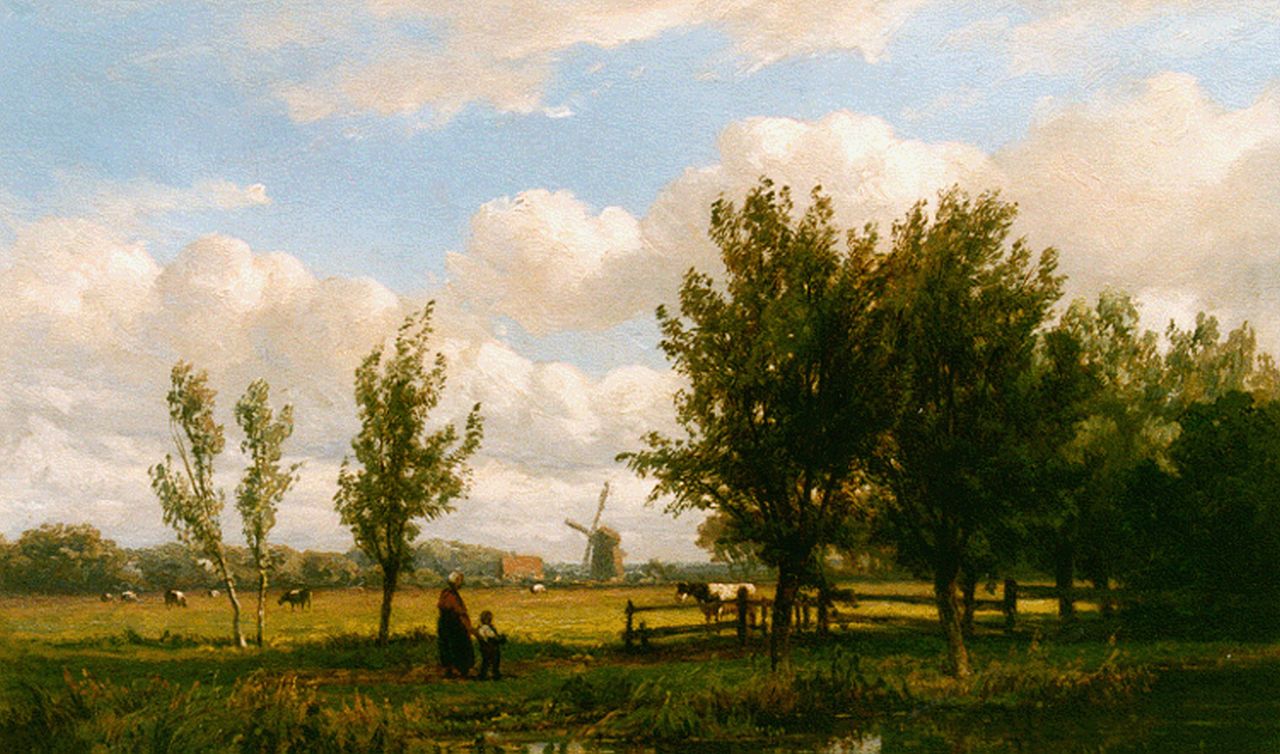 Borselen J.W. van | Jan Willem van Borselen, Figures in a summer landscape, oil on panel 15.8 x 24.8 cm, signed l.r.