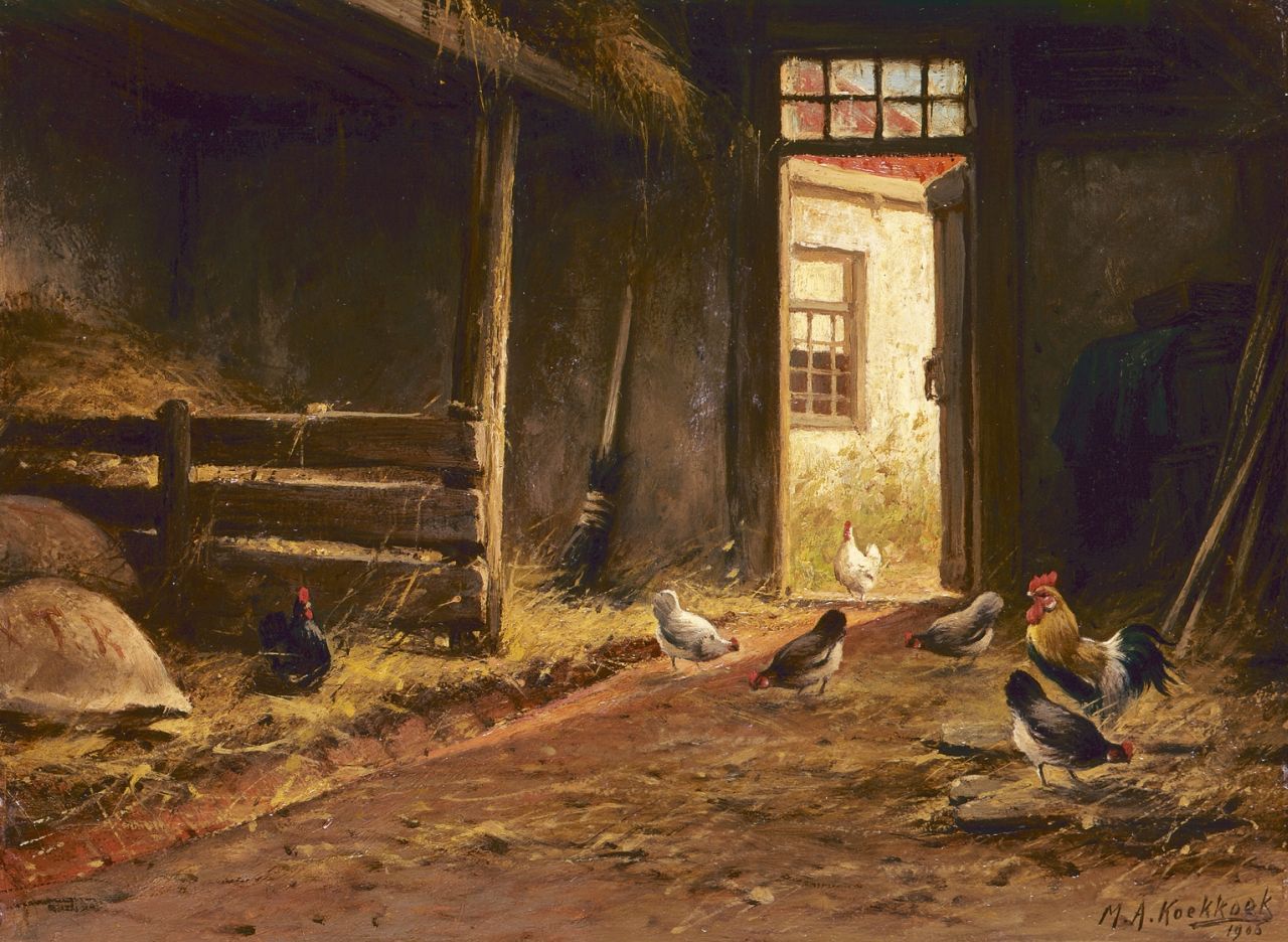 Koekkoek II M.A.  | Marinus Adrianus Koekkoek II, Poultry in a stable, oil on panel 24.1 x 32.5 cm, signed l.r. and dated 1905