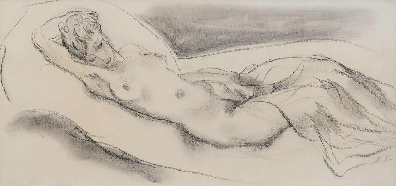 Sluijters J.C.B.  | Johannes Carolus Bernardus 'Jan' Sluijters | Watercolours and drawings offered for sale | Female nude, charcoal on paper 25.0 x 50.0 cm, signed l.r. with initials and executed ca. 1943