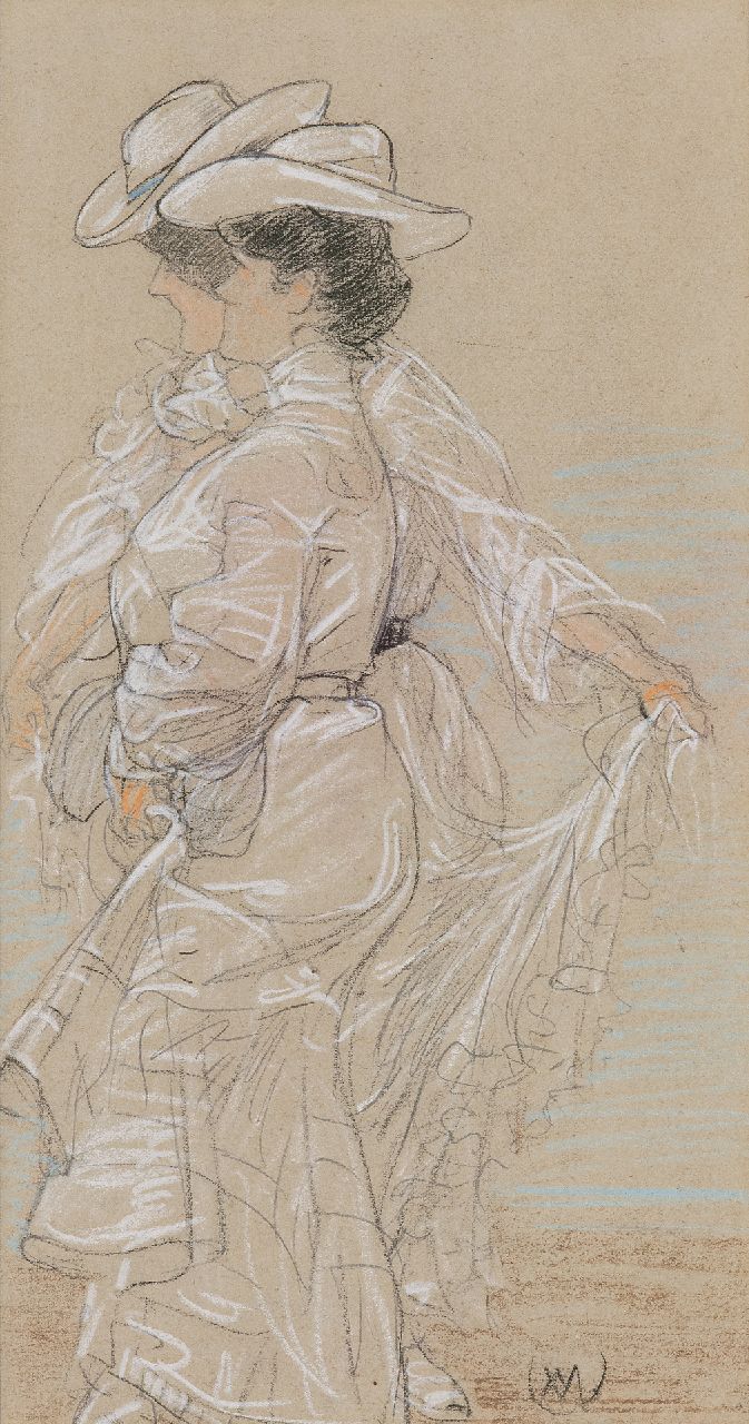 Vaarzon Morel W.F.A.I.  | Wilhelm Ferdinand Abraham Isaac 'Willem' Vaarzon Morel, Two ladies at the beach, pencil and pastel on paper 31.6 x 17.8 cm, signed l.r. with monogram