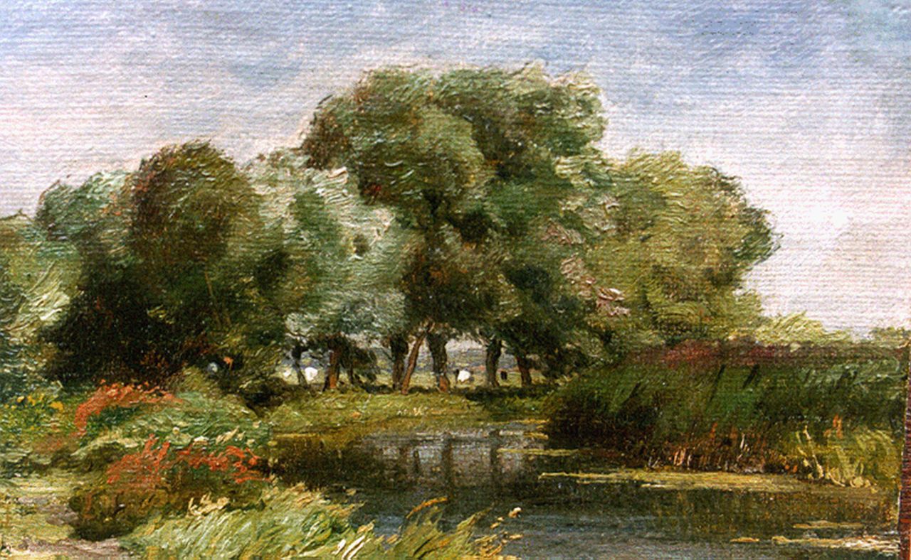 Borselen J.W. van | Jan Willem van Borselen, A river landscape, oil on canvas laid down on panel 12.8 x 19.4 cm, signed l.r. vague