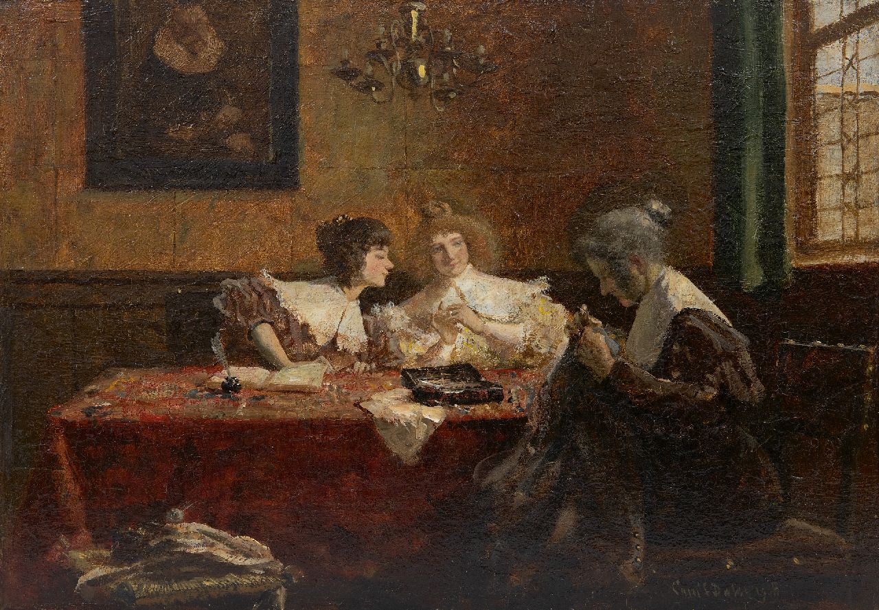Dake C.L.  | Carel Lodewijk Dake | Paintings offered for sale | Three women in an interior, oil on panel 34.9 x 49.1 cm, signed l.r. and dated 1908