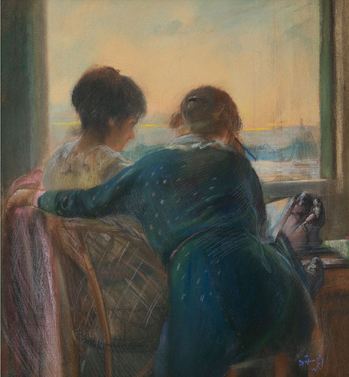 Dijkwel M.  | Mattheus 'Theo' Dijkwel, Two girls at the window, pastel on paper 55.0 x 50.7 cm, signed l.r. and dated 1915