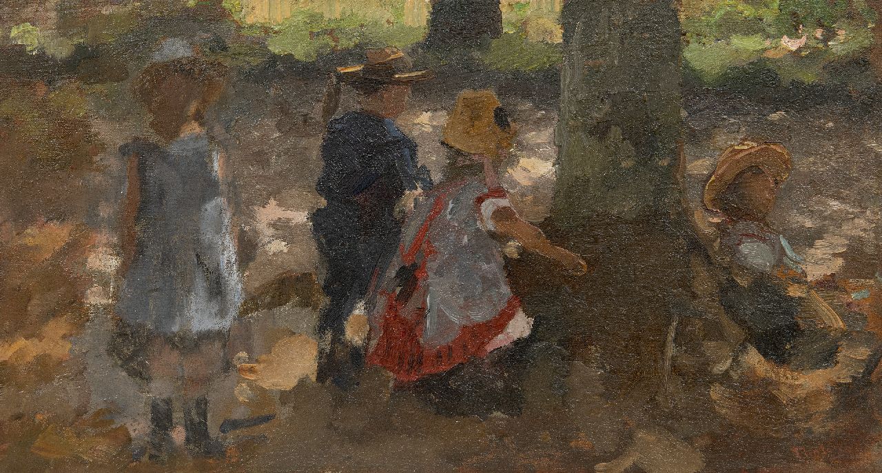 Tholen W.B.  | Willem Bastiaan Tholen, Children playing in the Scheveningse Bosjes, The Hague, oil on canvas laid down on panel 23.6 x 43.5 cm, signed l.r.