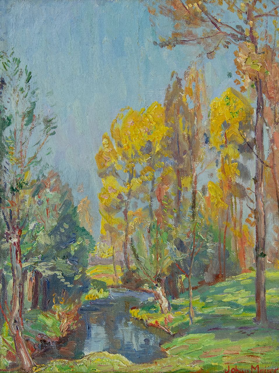 Meijer J.  | Johannes 'Johan' Meijer, Sunny autumnal forest, oil on canvas laid down on board 29.1 x 22.3 cm, signed l.r.