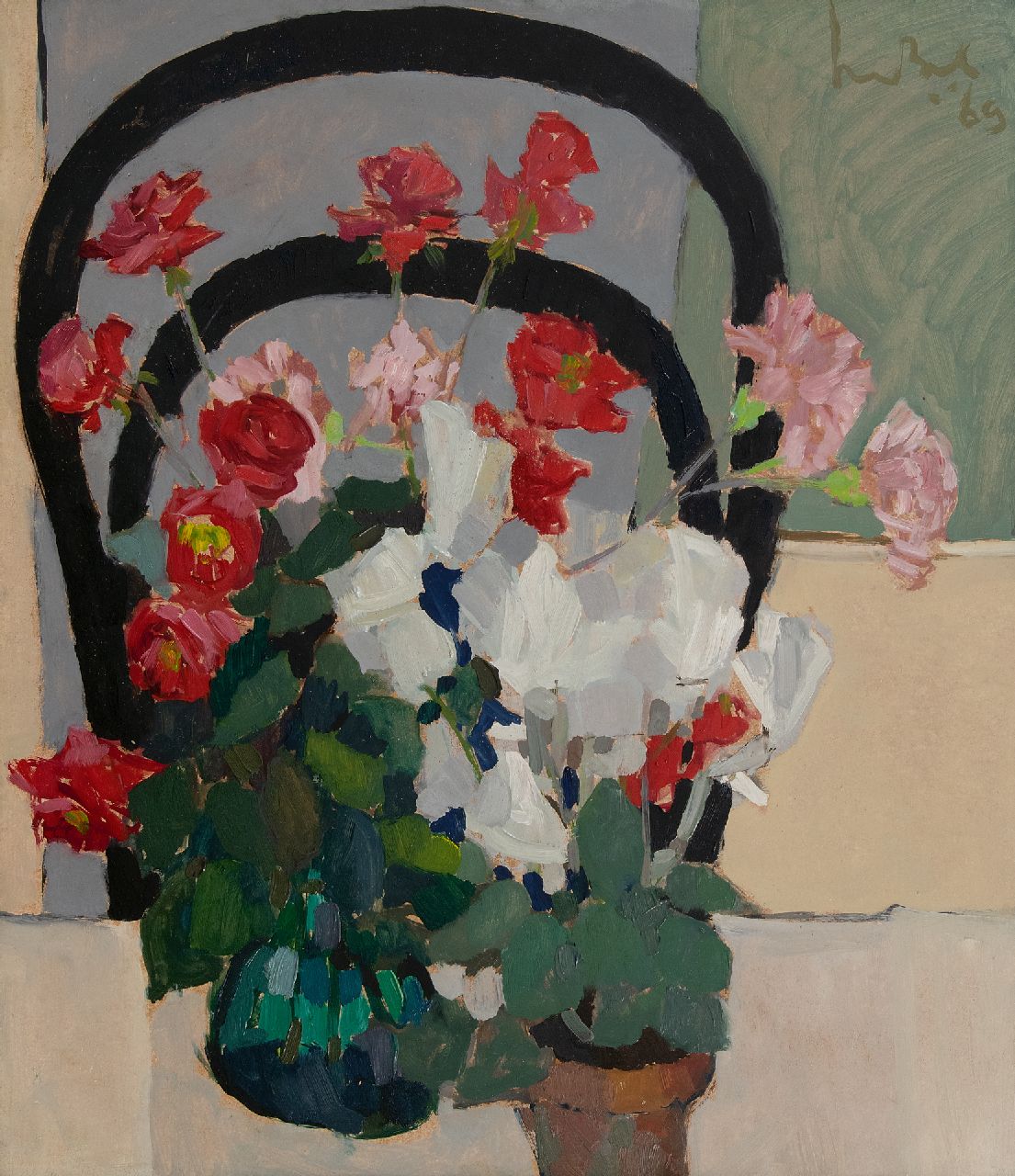 Bol K.  | Cornelis 'Kees' Bol, Roses and cyclamen, oil on board 63.0 x 55.0 cm, signed u.r. and dated '69