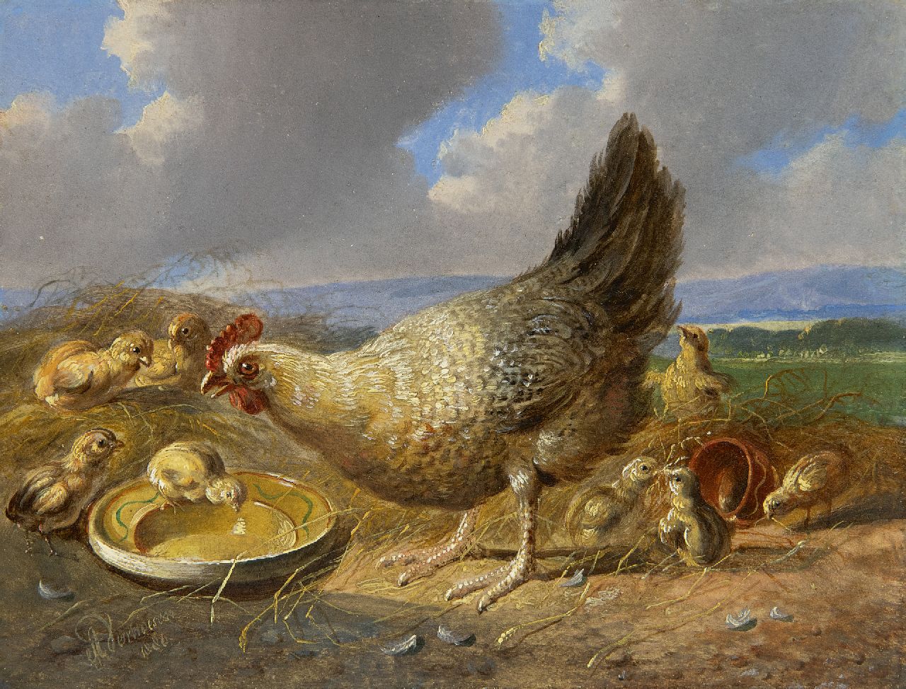 Verhoesen A.  | Albertus Verhoesen | Paintings offered for sale | Hen with chicks in extensive landscape (pair with 21929), oil on panel 14.5 x 19.3 cm, signed l.r. and dated 1880