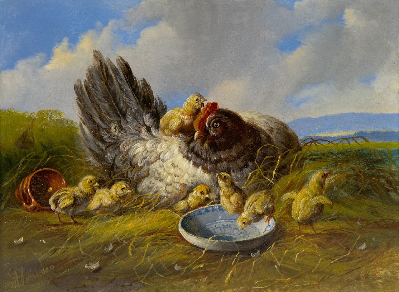 Verhoesen A.  | Albertus Verhoesen | Paintings offered for sale | Hen with chicks in a landscape (pair with 21928), oil on panel 14.7 x 19.2 cm, signed l.l. and dated 1880