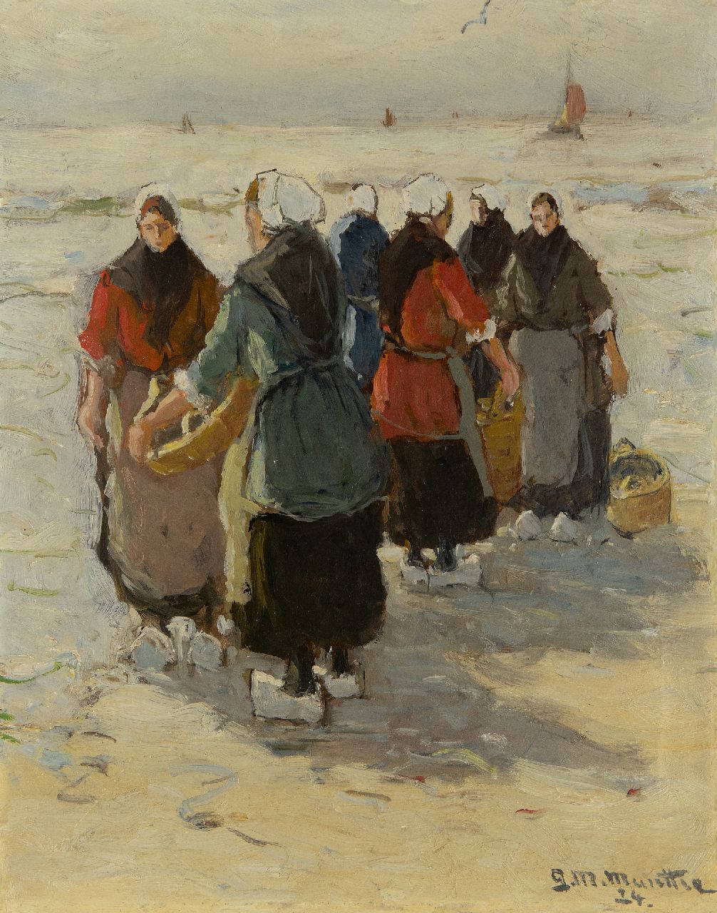 Munthe G.A.L.  | Gerhard Arij Ludwig 'Morgenstjerne' Munthe, Waiting for the catch on the beach in Katwijk, oil on board 32.4 x 26.4 cm, signed l.r. and dated '24