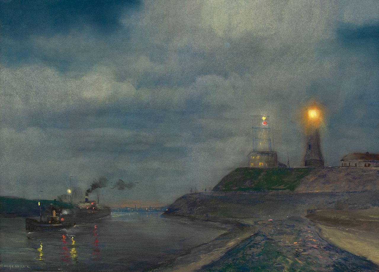 Heijenbrock J.C.H.  | Johan Coenraad Hermann 'Herman' Heijenbrock | Watercolours and drawings offered for sale | Harbour of IJmuiden at dusk with the lighthouse and semaphore, pastel on paper 64.5 x 86.5 cm, signed l.l.