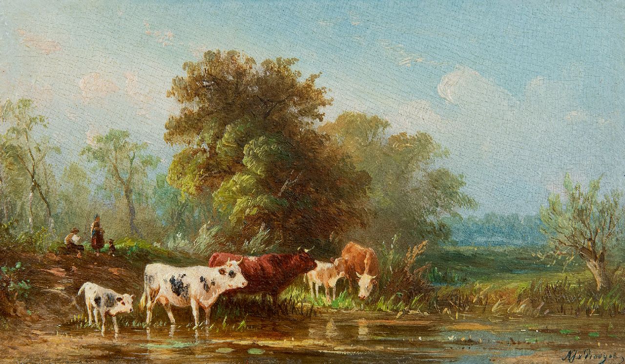 Prooijen A.J. van | Albert Jurardus van Prooijen, Landscape with wading cattle, oil on panel 8.7 x 15.0 cm, signed l.r.