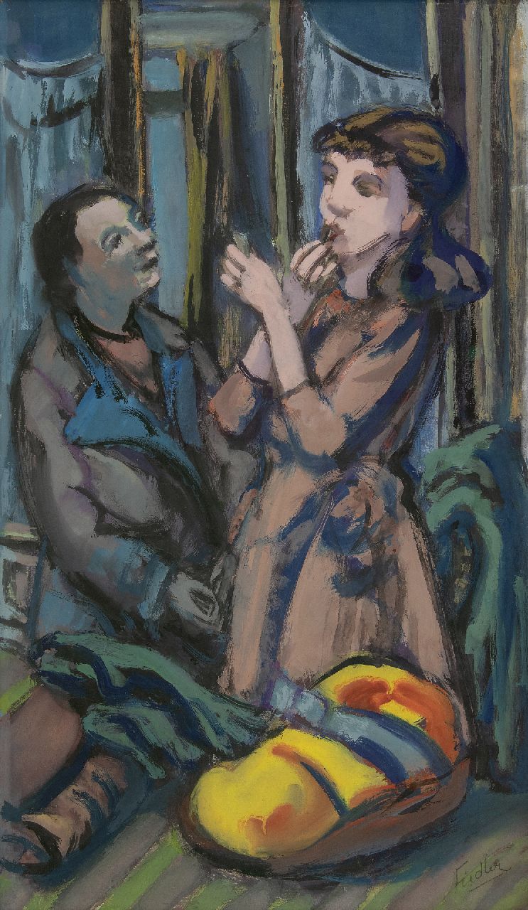 Fiedler O.H.  | Otto 'Herbert' Fiedler | Watercolours and drawings offered for sale | A man and a woman in a bar, gouache on paper laid down on board 64.8 x 39.7 cm, signed l.r.