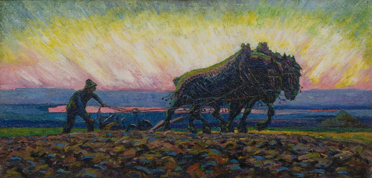Herman Gouwe | Plowing horses at sunrise, oil on canvas, 47.9 x 98.9 cm