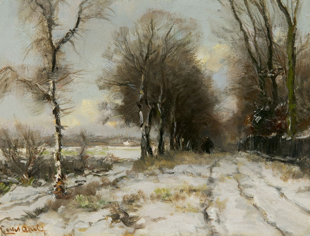 Apol L.F.H.  | Lodewijk Franciscus Hendrik 'Louis' Apol, Wood gatherer on a snowy path, oil on panel 21.8 x 28.1 cm, signed l.l.