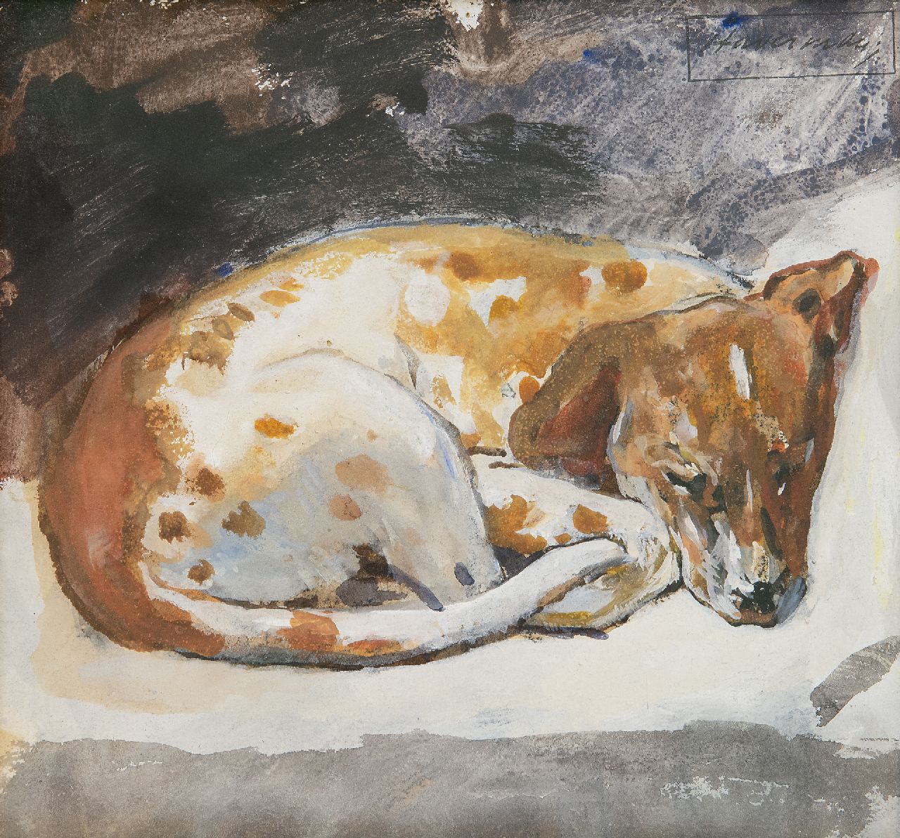 Haverman H.J.  | Hendrik Johannes Haverman | Watercolours and drawings offered for sale | Sleeping dog, watercolour and gouache on paper 16.4 x 18.0 cm, signed u.r. with studio stamp
