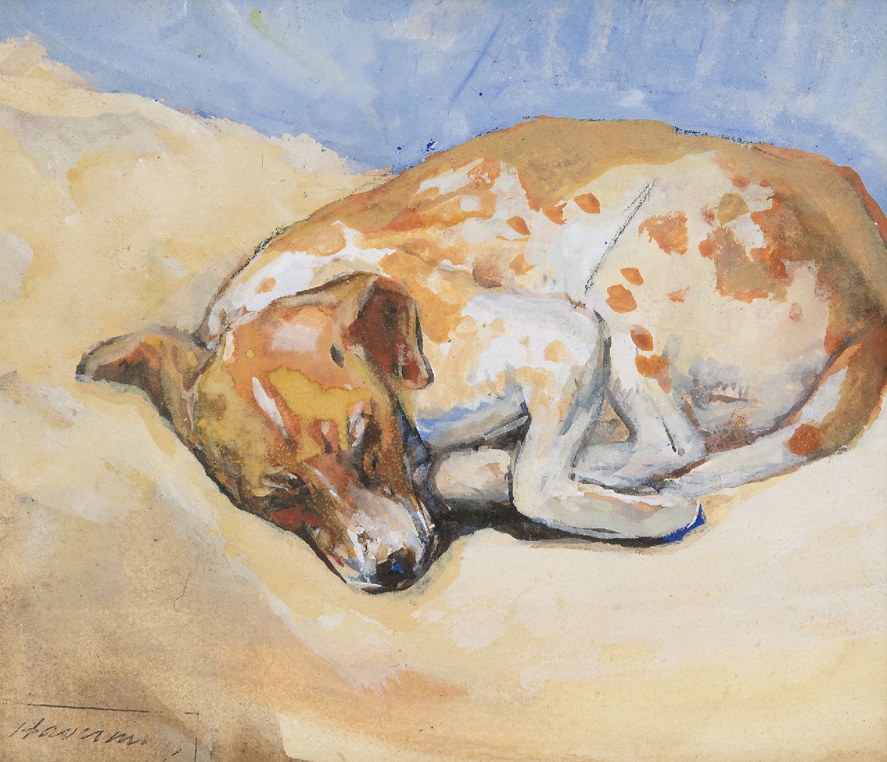 Haverman H.J.  | Hendrik Johannes Haverman | Watercolours and drawings offered for sale | Sleeping dog, watercolour and gouache on paper 15.7 x 18.4 cm, signed l.l. with studio stamp