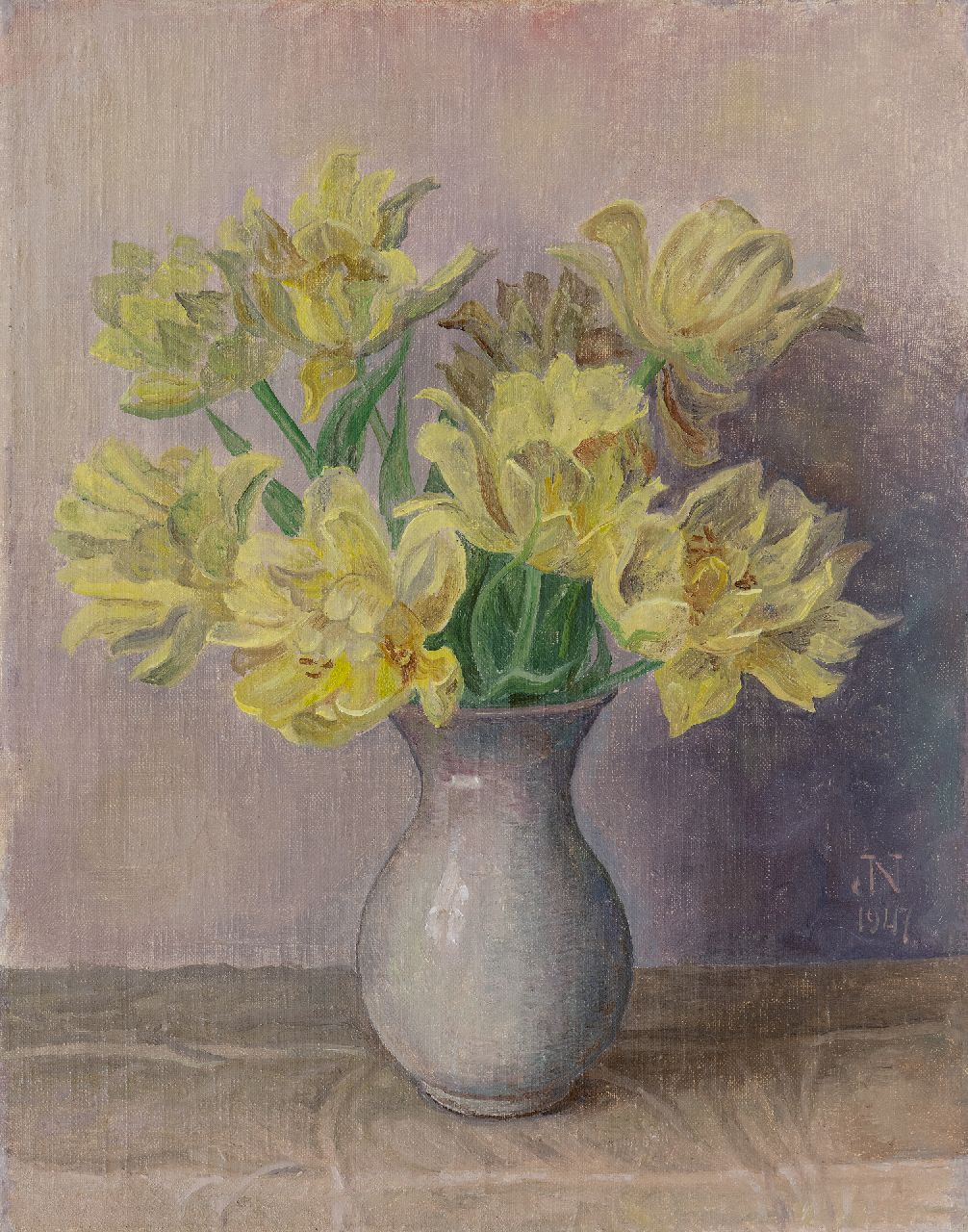 Nieweg J.  | Jakob Nieweg | Paintings offered for sale | Yellow tulips, oil on canvas 45.2 x 35.4 cm, signed l.r. with monogram and dated 1947, without frame