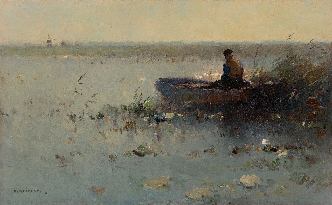 Knikker A.  | Aris Knikker | Paintings offered for sale | Fisherman in a boat in the reeds, oil on panel 22.0 x 35.0 cm, signed l.l.