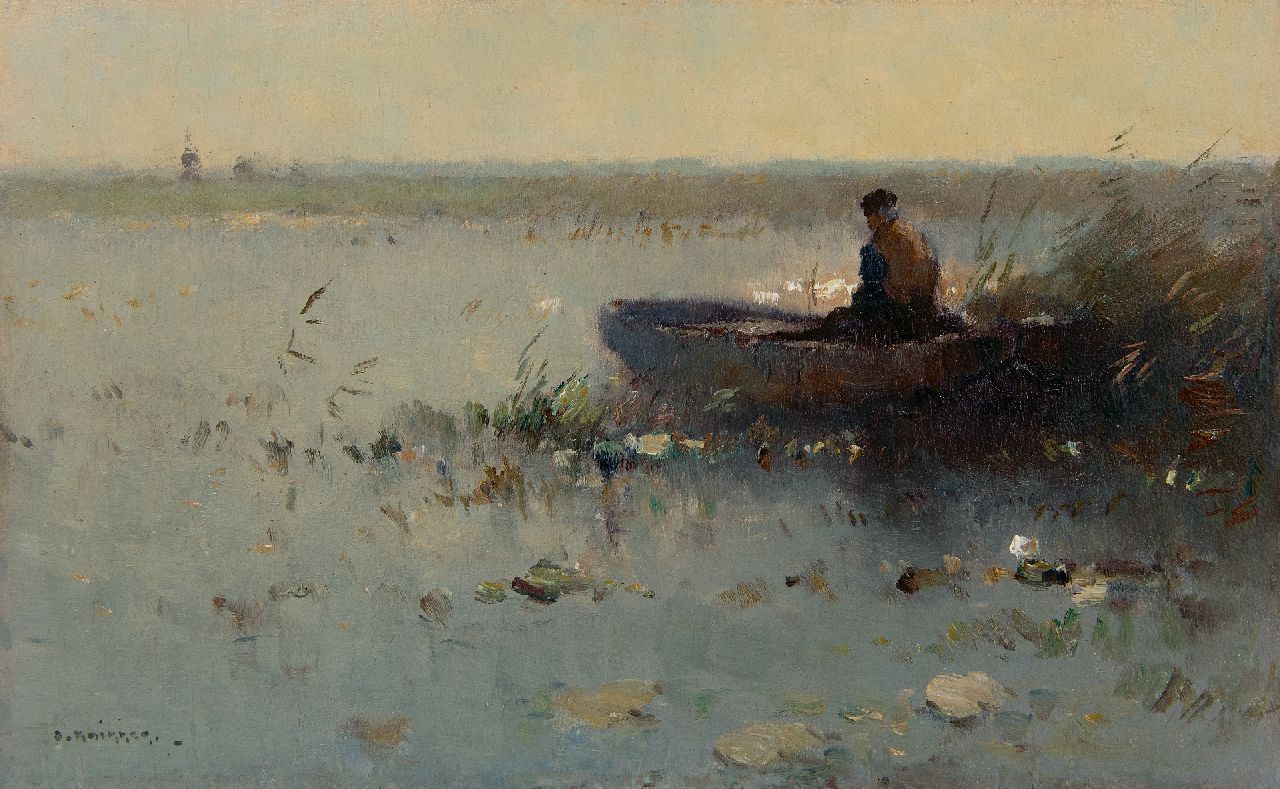 Knikker A.  | Aris Knikker | Paintings offered for sale | Fisherman in a boat in the reeds, oil on panel 22.0 x 35.0 cm, signed l.l. and without frame
