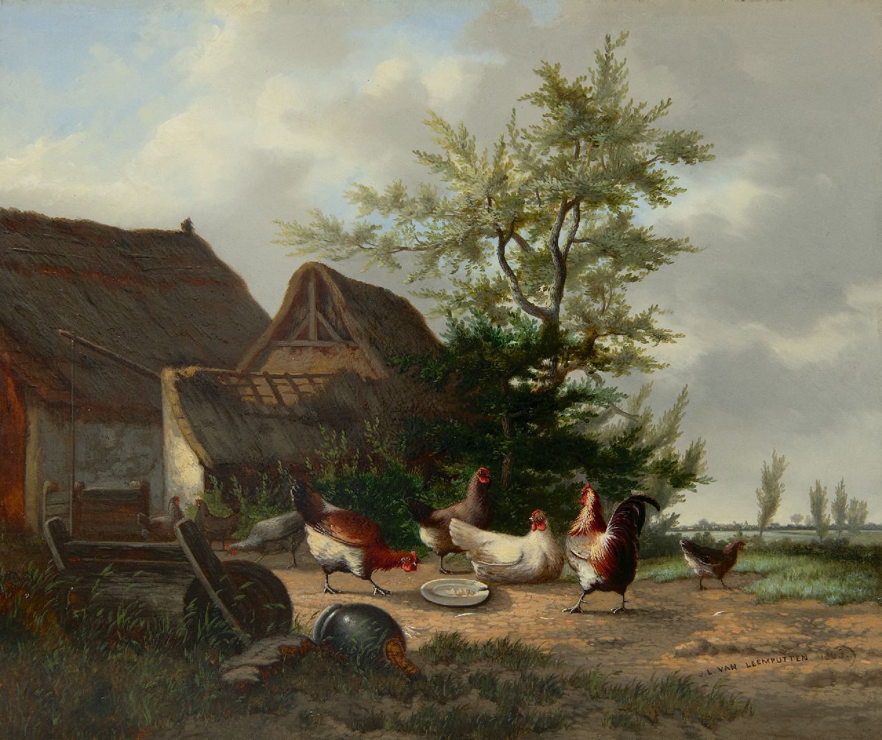 Leemputten J.L. van | Jean-Baptiste Leopold van Leemputten | Paintings offered for sale | Farmyard with rooster and chickens, oil on panel 28.1 x 33.7 cm, signed l.r. and dated 1863