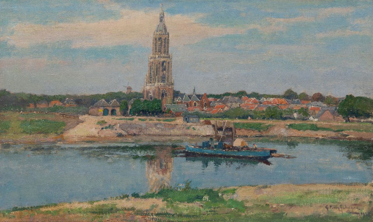 Schagen G.F. van | Gerbrand Frederik van Schagen | Paintings offered for sale | A vieuw of Rhenen and the Cunerakerk, the ferry in the foreground, oil on canvas 38.4 x 64.8 cm, signed l.r. and dated 1929