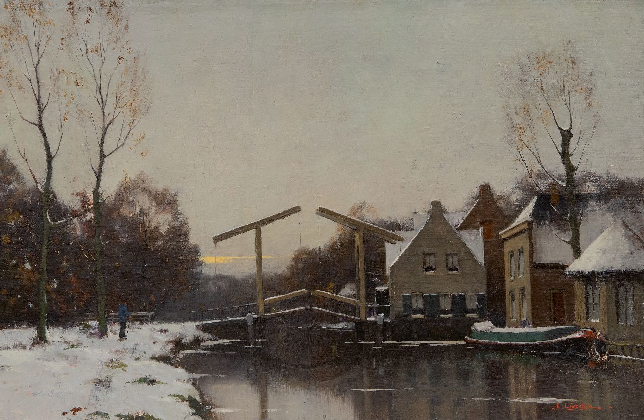 Ligtelijn E.J.  | Evert Jan Ligtelijn | Paintings offered for sale | Village in winter with a drawbridge, oil on canvas 32.2 x 48.6 cm, signed l.r. and painted ca. 1924