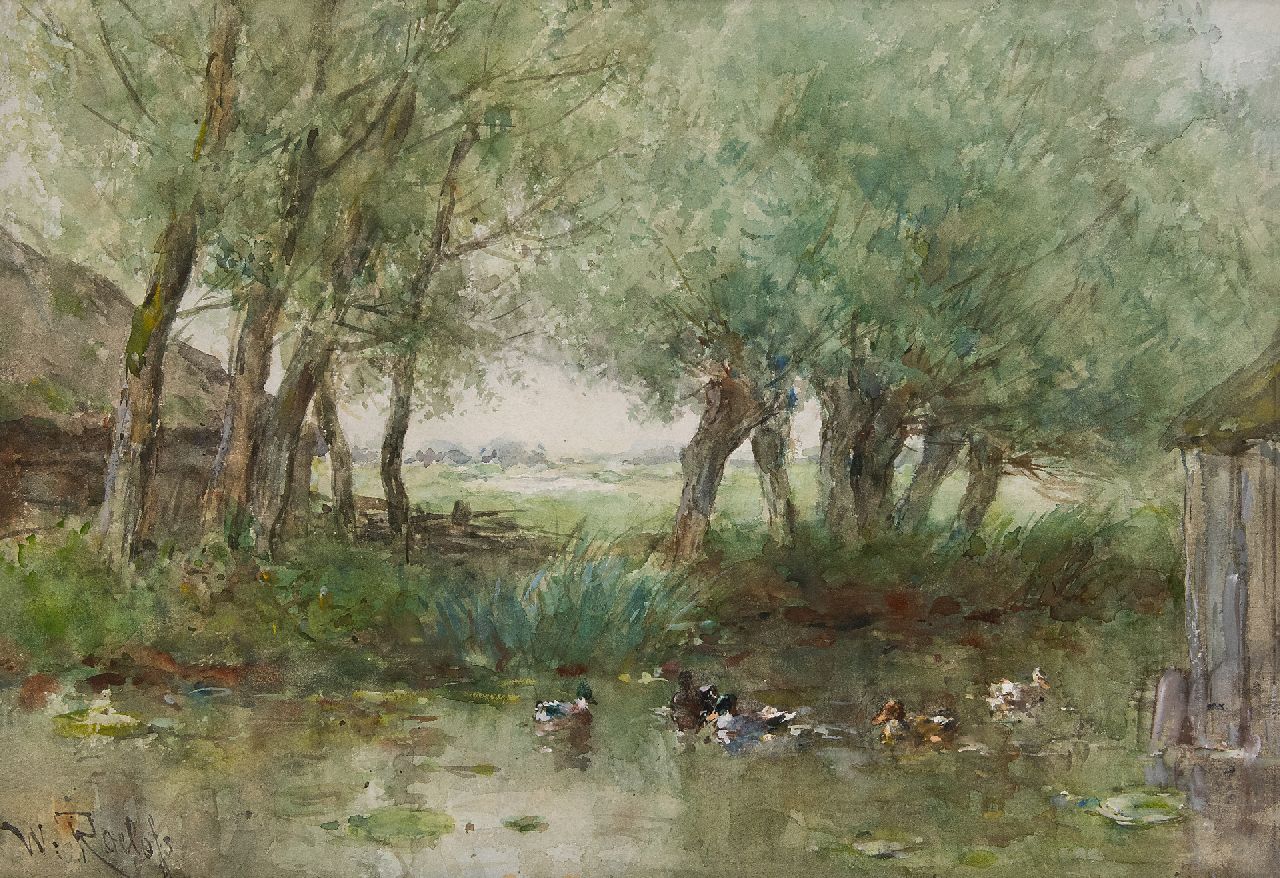Roelofs W.  | Willem Roelofs, Ducks in the water under willow trees, watercolour on paper 33.7 x 47.9 cm, signed l.l.
