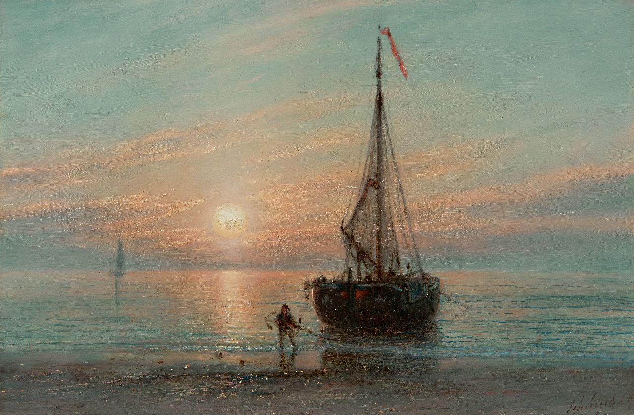 Schiedges P.P.  | Petrus Paulus Schiedges | Paintings offered for sale | Returned fishing boat at sunset, oil on panel 18.7 x 27.9 cm, signed l.r. and dated '65