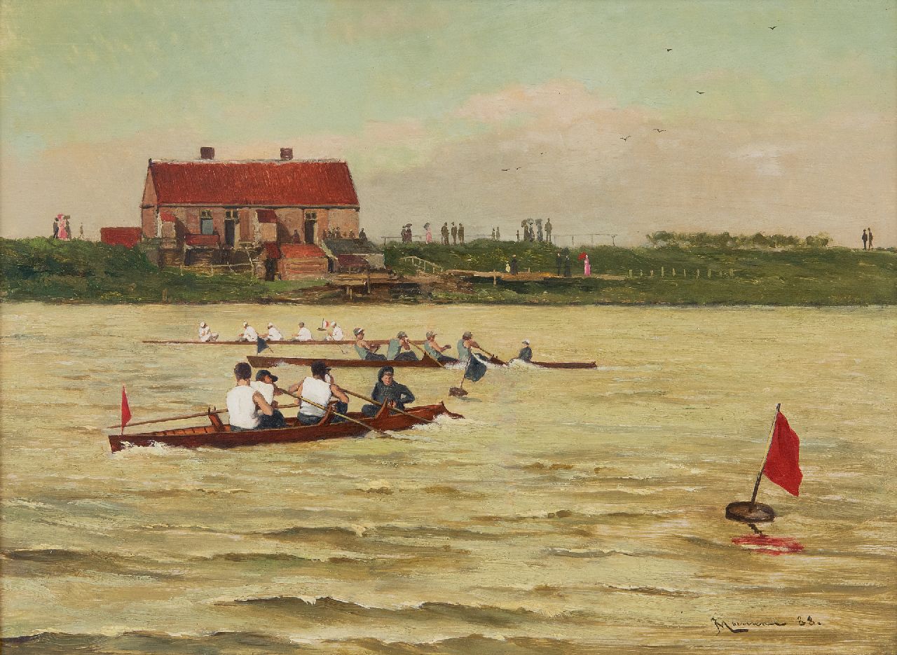 Jan Ludovicus Moerman | Coxed four regatta, oil on panel, 24.5 x 33.1 cm, signed l.r. and dated '88