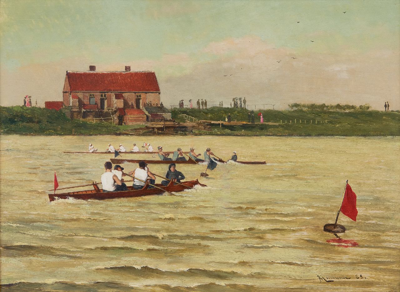 Moerman J.L.  | Johannes Lodewijk 'Jan Ludovicus' Moerman | Paintings offered for sale | Coxed four regatta, oil on panel 24.5 x 33.1 cm, signed l.r. and dated '88