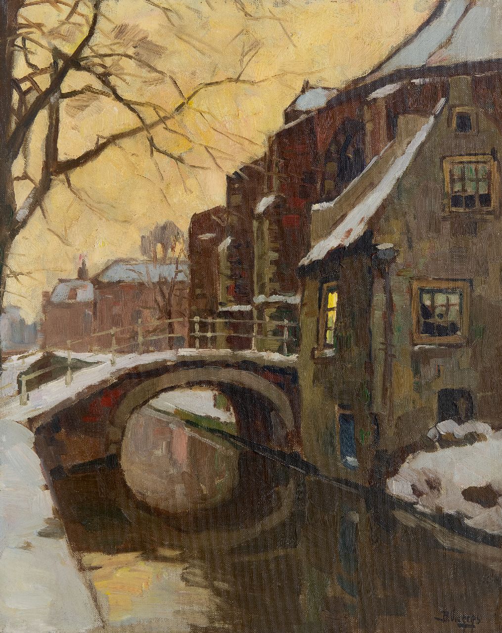 Viegers B.P.  | Bernardus Petrus 'Ben' Viegers, The Vrouwe van Rijnsburgerbrug, close to the Nieuwe Kerk, in Delft, oil on canvas 50.1 x 40.0 cm, signed l.r.