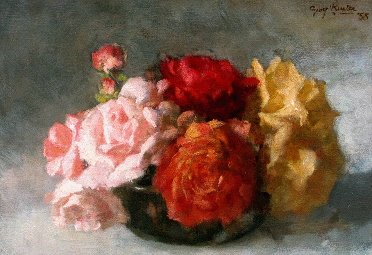 Rueter W.C.G.  | Wilhelm Christian 'Georg' Rueter, Roses in a vase, oil on canvas 28.0 x 39.3 cm, signed u.r. and dated '58