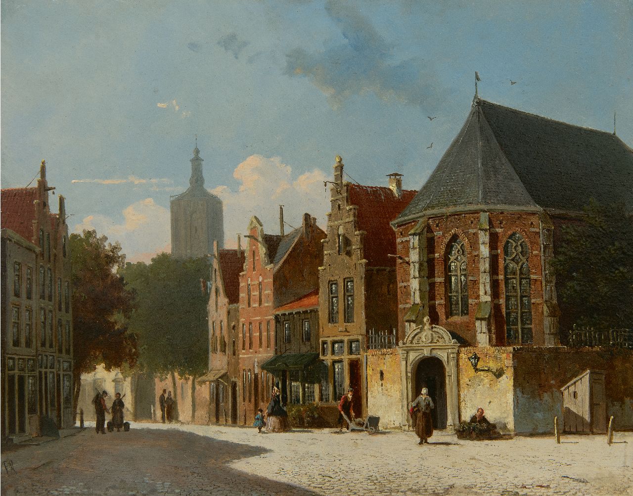 Roosdorp F.  | Frederik Roosdorp, The Groen market in The Hague with the tower of the Grote church in the distance, oil on panel 26.5 x 33.5 cm, signed l.l. with monogram