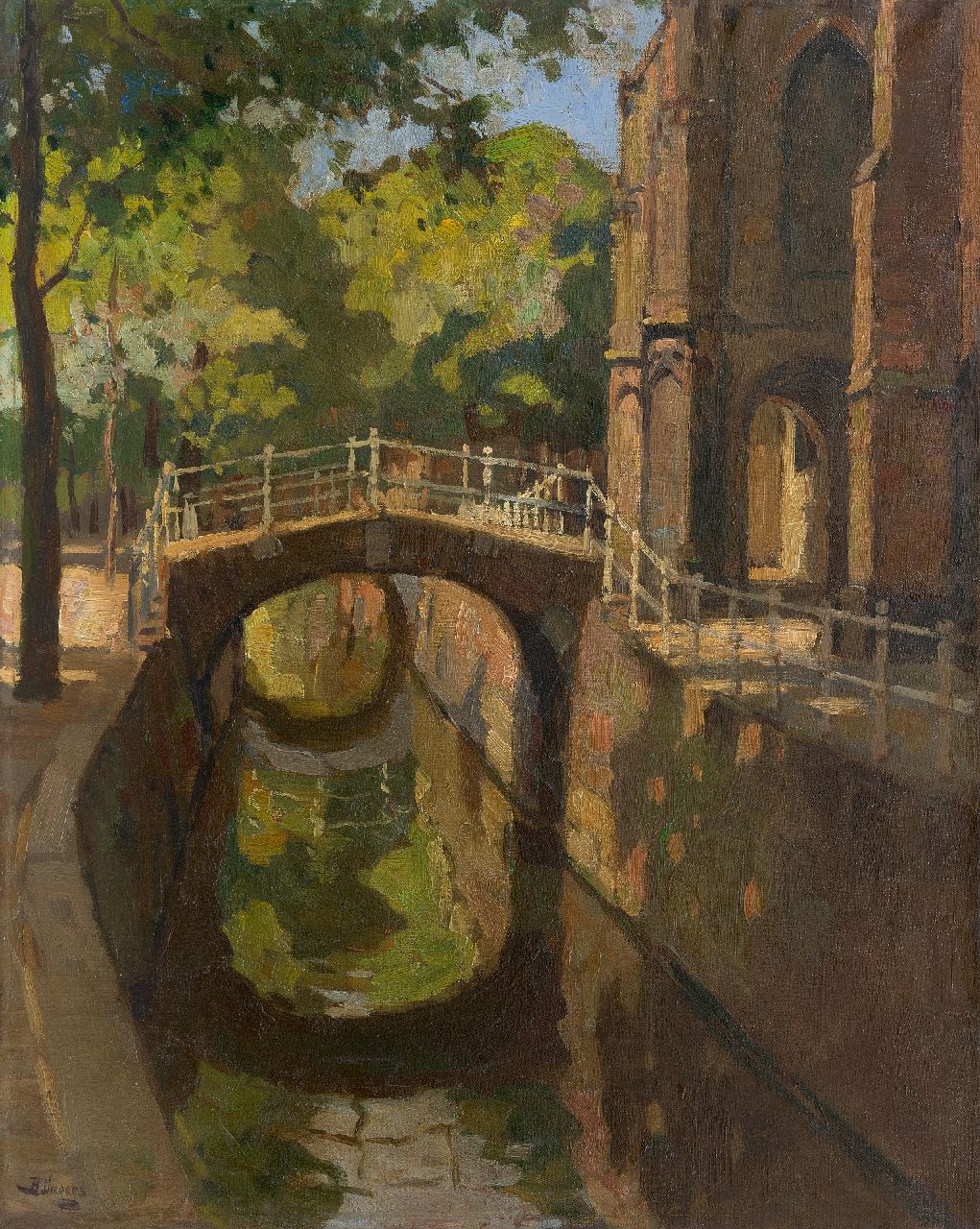 Viegers B.P.  | Bernardus Petrus 'Ben' Viegers, The Bartholomeusbrug in Delft in summer, oil on canvas 50.2 x 40.3 cm, signed l.l.