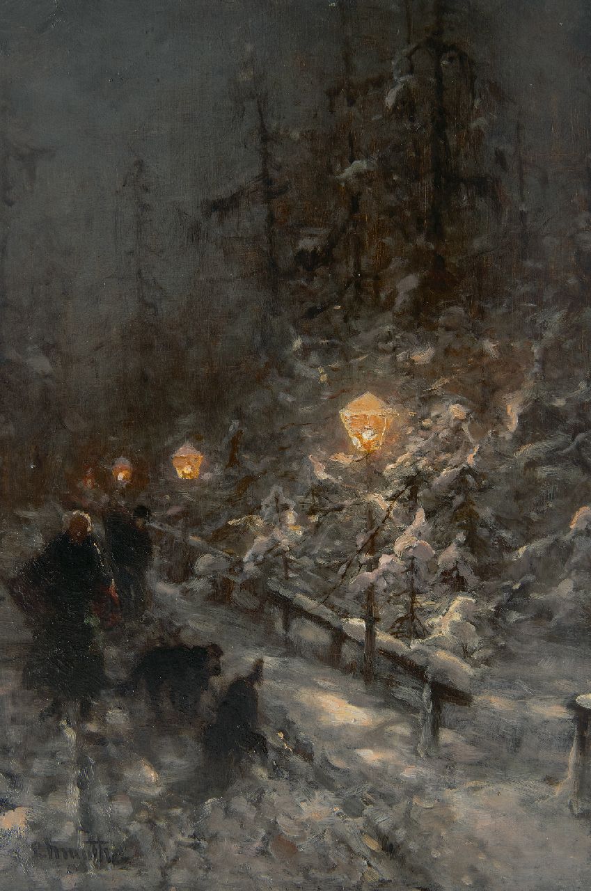 Munthe L.  | Ludwig Munthe | Paintings offered for sale | Snowy road with figures by lamplight, oil on panel 40.9 x 27.7 cm, signed l.l.