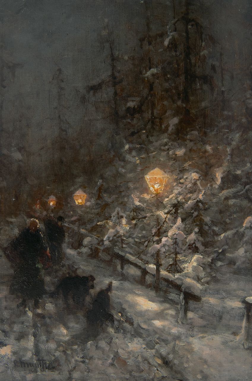 Munthe L.  | Ludwig Munthe, Snowy road with figures by lamplight, oil on panel 40.9 x 27.7 cm, signed l.l.