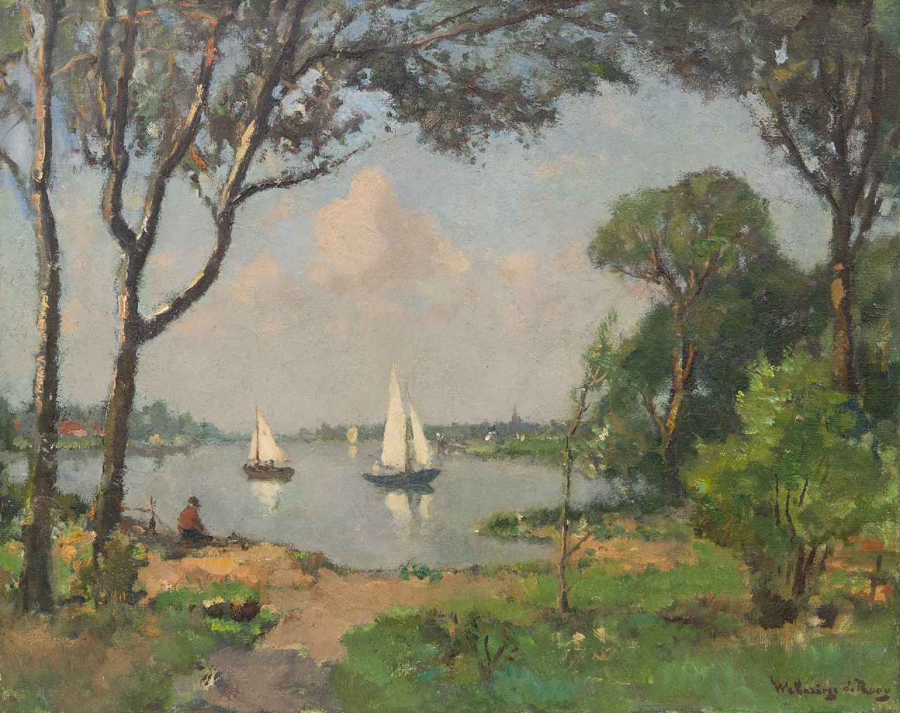 Wetering de Rooij J.E. van de | Johannes Embrosius van de Wetering de Rooij, Sailing boats on the Kagerplassen, oil on canvas 40.6 x 50.3 cm, signed l.r.