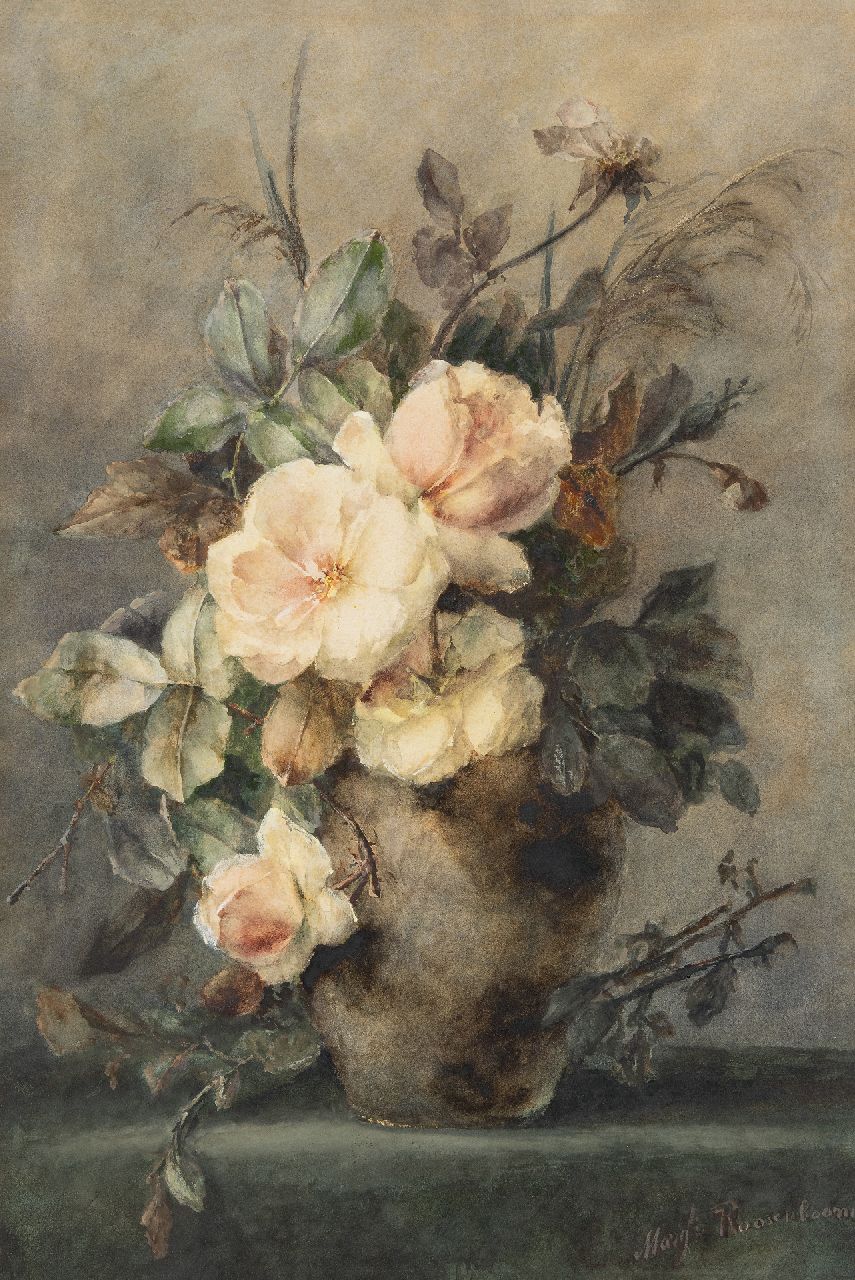 Roosenboom M.C.J.W.H.  | 'Margaretha' Cornelia Johanna Wilhelmina Henriëtta Roosenboom, Pink roses in a stoneware vase, watercolour on paper 65.0 x 43.4 cm, signed l.r.