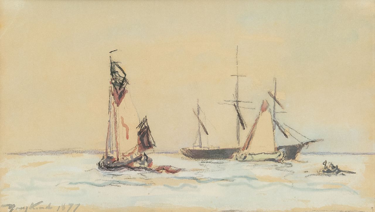 Jongkind J.B.  | Johan Barthold Jongkind, Sailing ships on a river, crayon and watercolour on paper 15.0 x 26.0 cm, signed l.l. and dated 1877