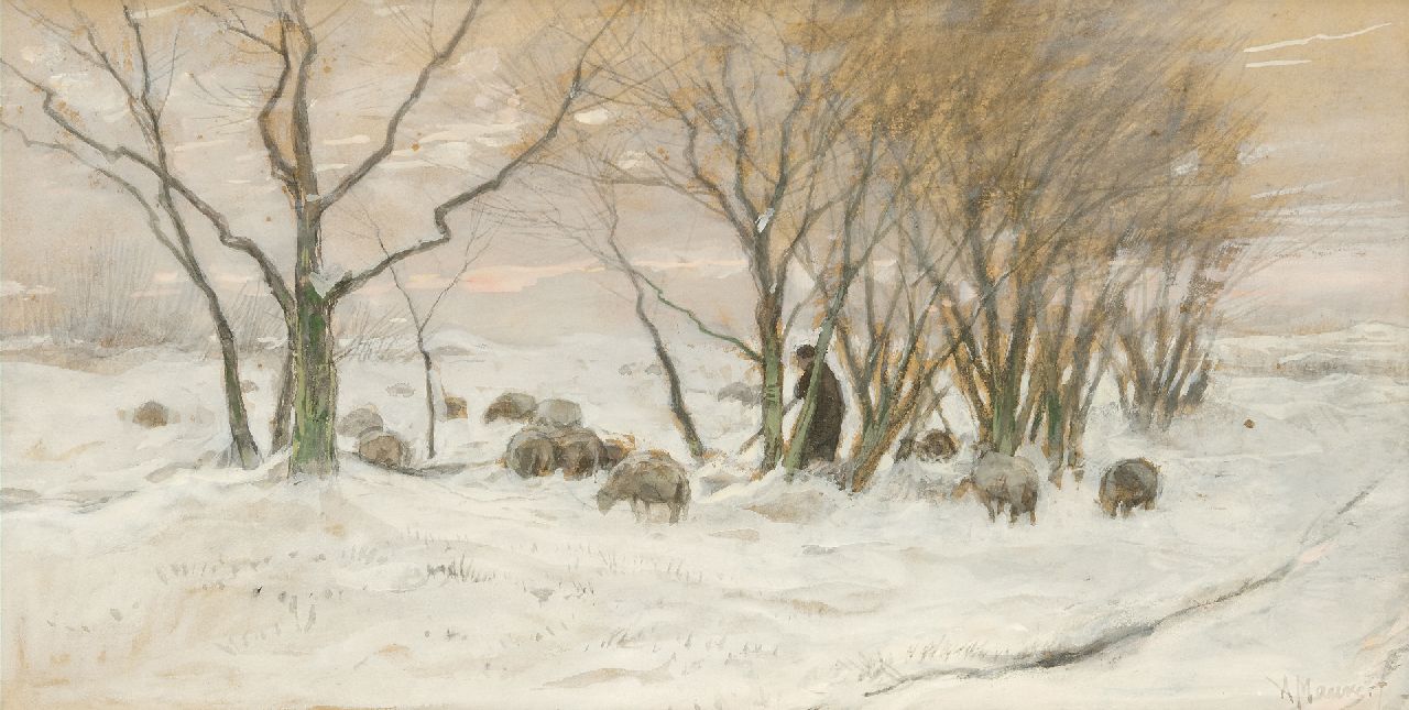 Mauve A.  | Anthonij 'Anton' Mauve | Watercolours and drawings offered for sale | Shepherd and sheep in the snow, watercolour on paper 25.3 x 48.4 cm, signed l.r.