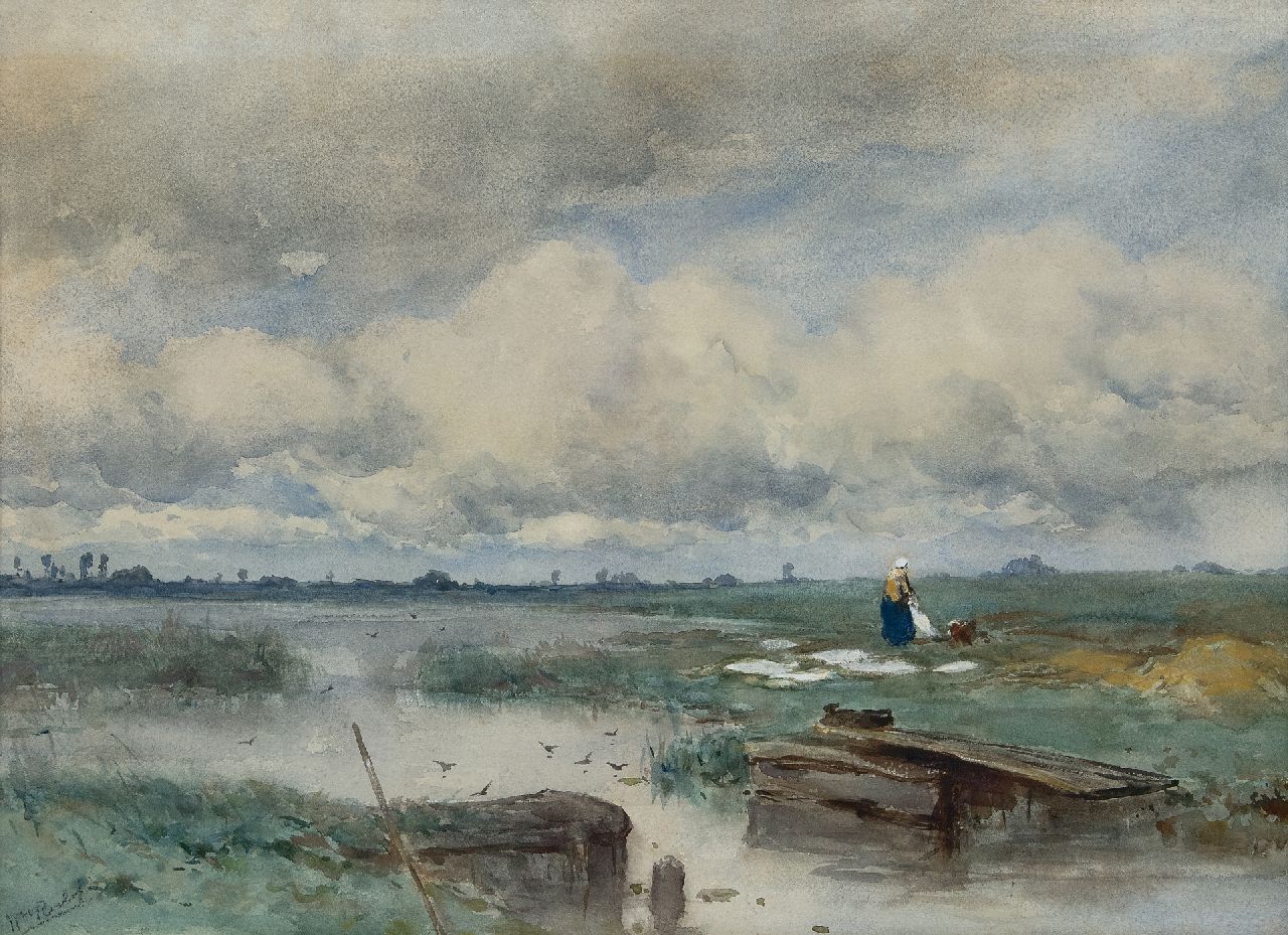 Roelofs W.  | Willem Roelofs | Watercolours and drawings offered for sale | Landschaft mit Bleichfeld, watercolour on paper 51.0 x 70.8 cm, signed l.l. and painted in the 1880's