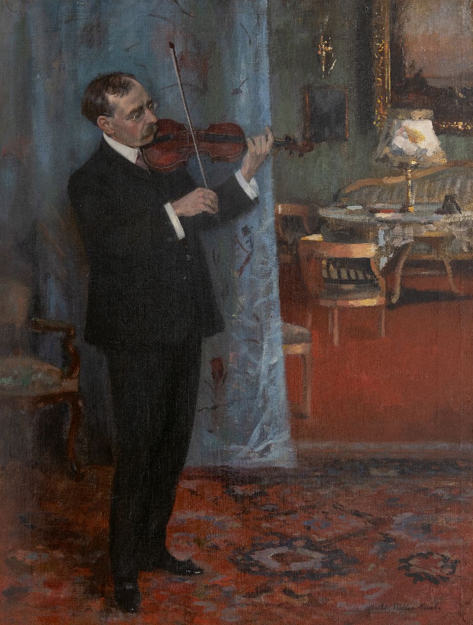 Adolf Müller-Cassel | The Fiddler, oil on canvas, 77.6 x 58.9 cm, signed l.r.