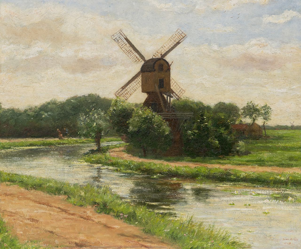 Maris S.W.  | Simon Willem Maris, Windmill 't Haantje along the Smal Weesp in Weesp, oil on panel 45.0 x 54.2 cm, signed l.r.